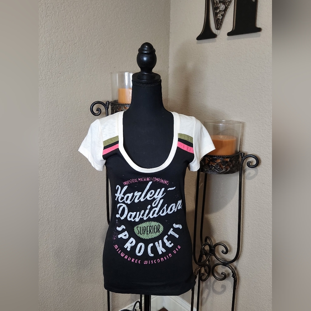 Harley-Davidson Black, Green And Pink Short Sleeve Tee. Size L. NWT